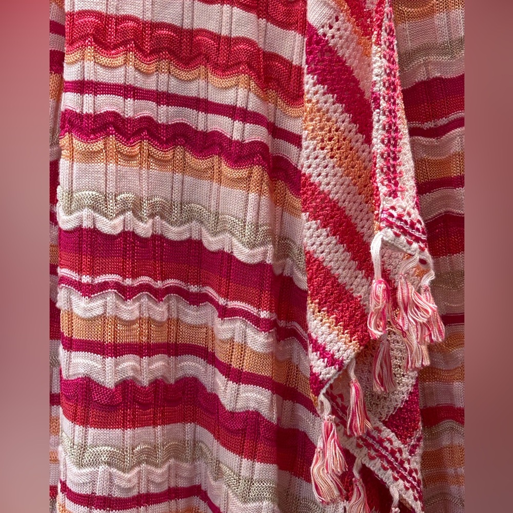 Chico’s Striped Pink White Fringed Open Front Cardigan Sweater Boho Size M - Picture 7 of 12
